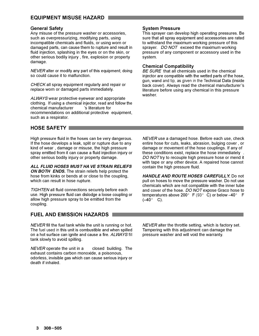 Graco Inc 800-165 Equipment Misuse Hazard, Hose Safety, Fuel and Emission Hazards, System Pressure, Chemical Compatibility 