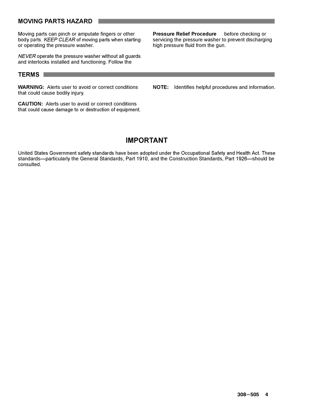 Graco Inc 800-367, 800-164, 800-290, 308-505, 800-165, 2040, 1535 manual Moving Parts Hazard, Terms 