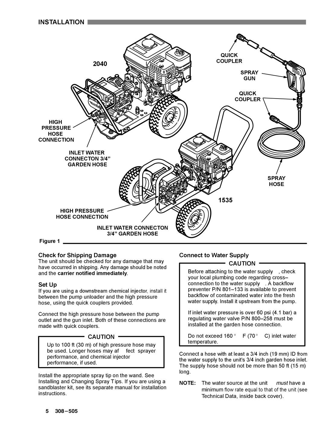 Graco Inc 2040, 800-164, 800-290, 308-505, 800-165 Installation, Check for Shipping Damage, Set Up, Connect to Water Supply 