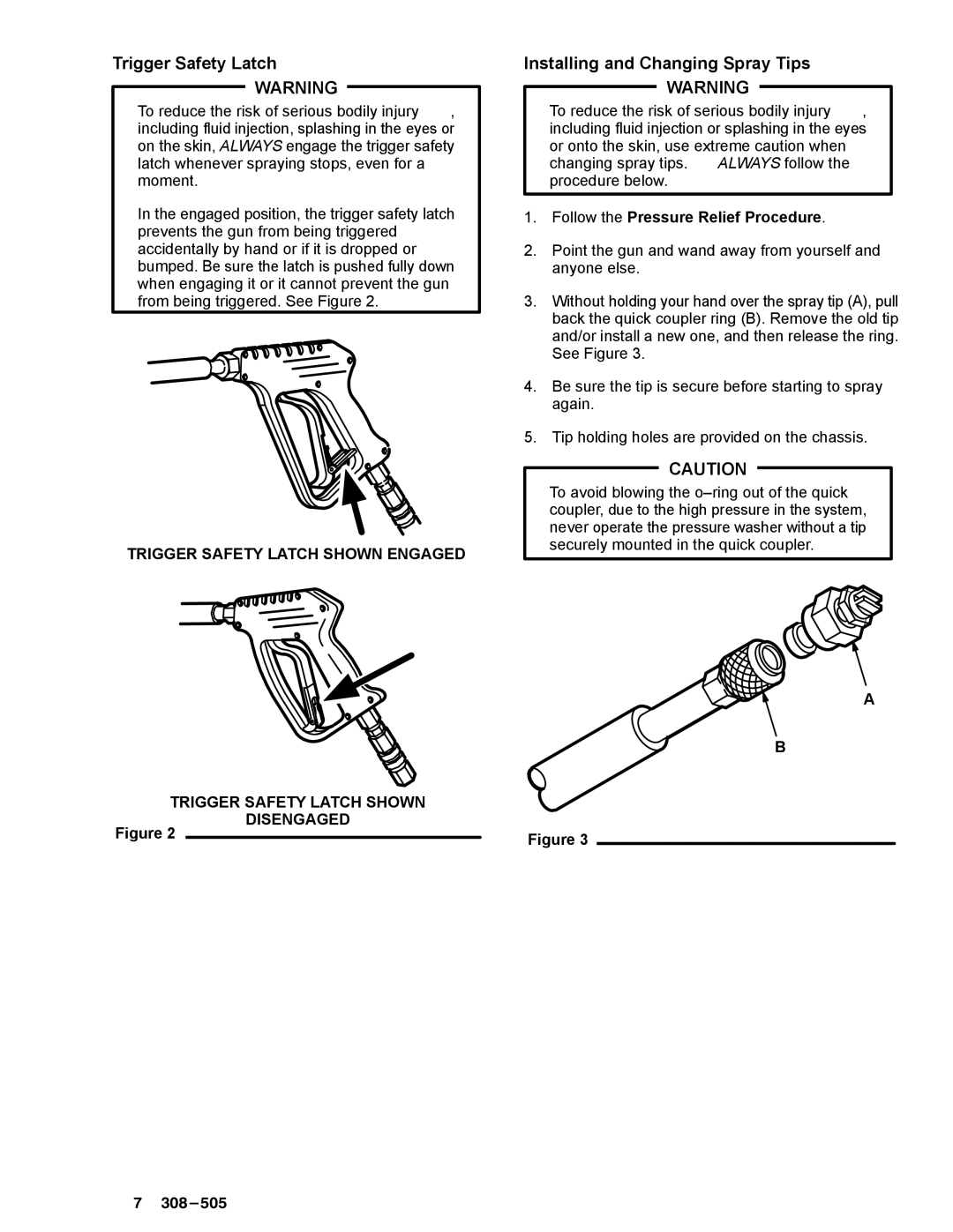 Graco Inc 800-164, 800-290, 308-505, 800-165, 800-367, 2040, 1535 manual Trigger Safety Latch, Installing and Changing Spray Tips 