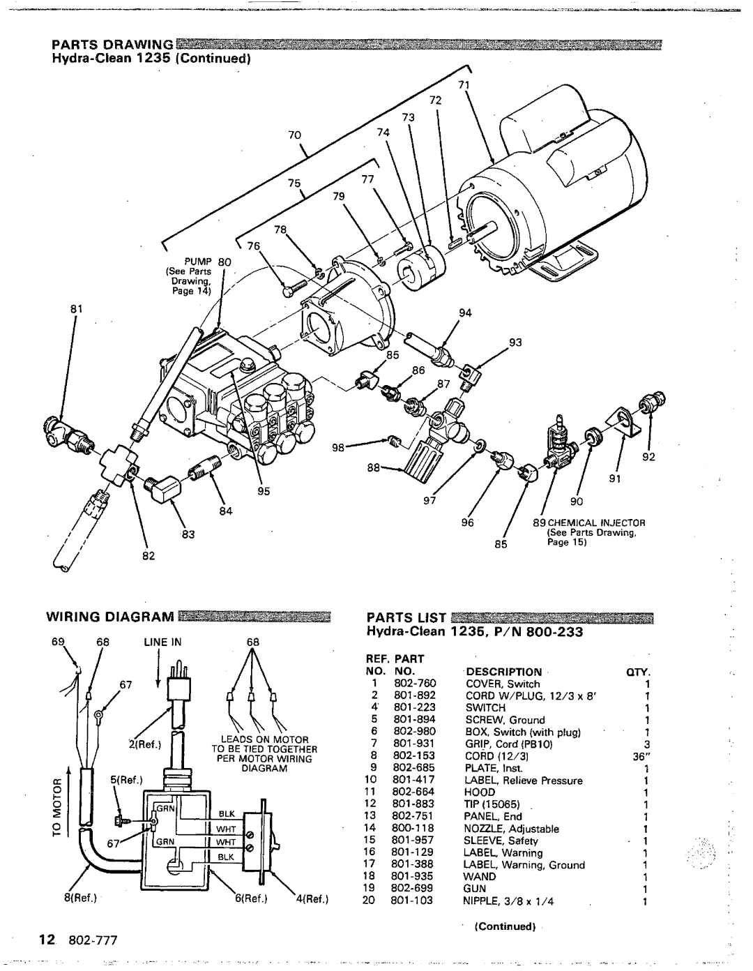 Graco Inc 800-233, 802-777 manual Wiring Diagram Parts List, Hydra-Clean 1235, P/N 