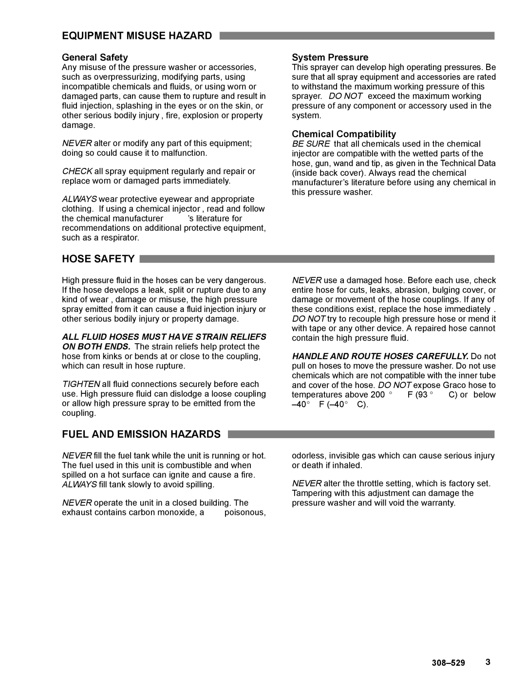 Graco Inc 3040 Equipment Misuse Hazard, Hose Safety, Fuel and Emission Hazards, System Pressure, Chemical Compatibility 