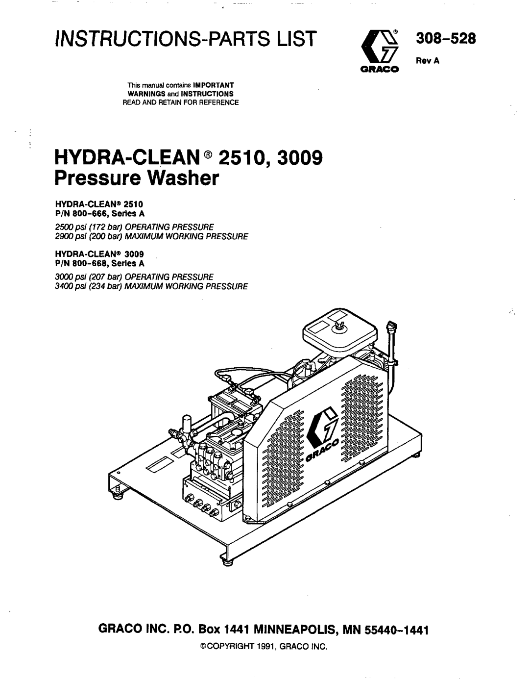 Graco Inc 800-666 manual Instructions-Parts List, HYDRA-CLEAN@ Pressure Washer, GRACO INC. RO. BOX1441 MINNEAPOLIS, MN 