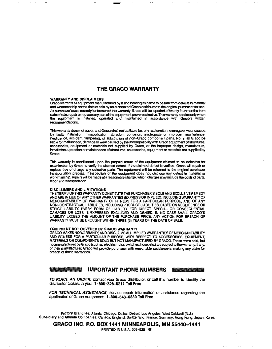 Graco Inc 800-668, 800-666 manual The Graco Warranty, Important Phone Numbers, GRACO INC. RO. BOX 1441 MINNEAPOLIS,MN 