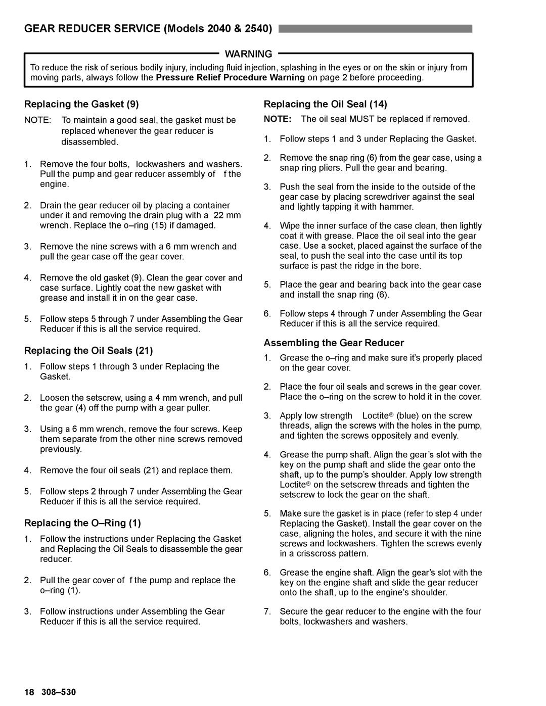 Graco Inc 800-698, 800-700, 800-699, 308-530 manual Gear Reducer Service Models 2040, Replacing the Oil Seals 