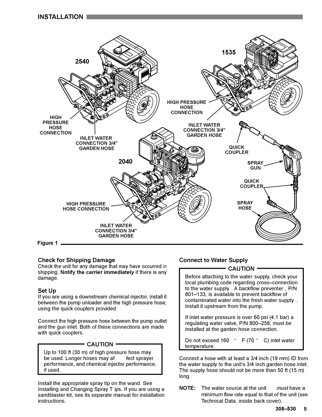 Graco Inc 800-699, 800-700, 800-698, 308-530 Installation, 1535, Check for Shipping Damage, Set Up, Connect to Water Supply 