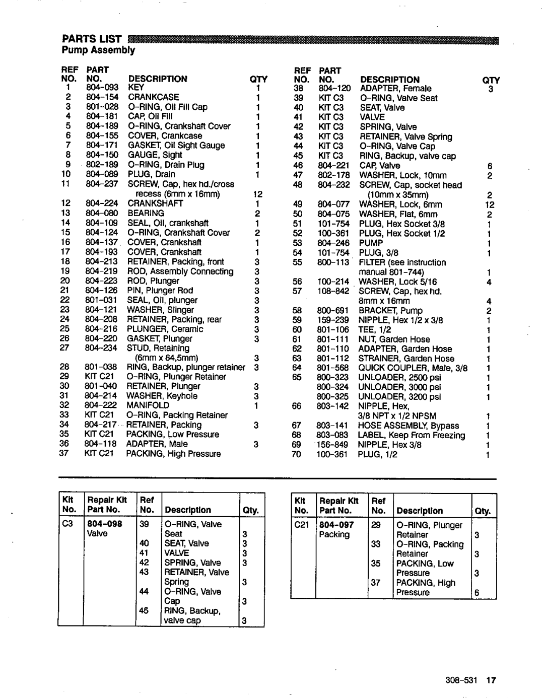 Graco Inc 800-701 Part Description NO. no, Crankcase, KIT C3, KITC3 Valve, Crankshaft, Bearing, Pump, KIT C21, Manifold 