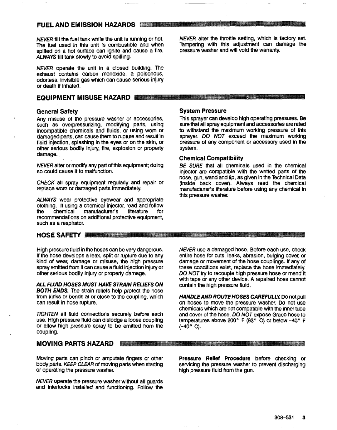 Graco Inc 800-704, 800-703, 800-701, 3235 Fuel Andemission Hazards, Equipment Misusehazard, Hose Safety, Moving Parts Hazard 