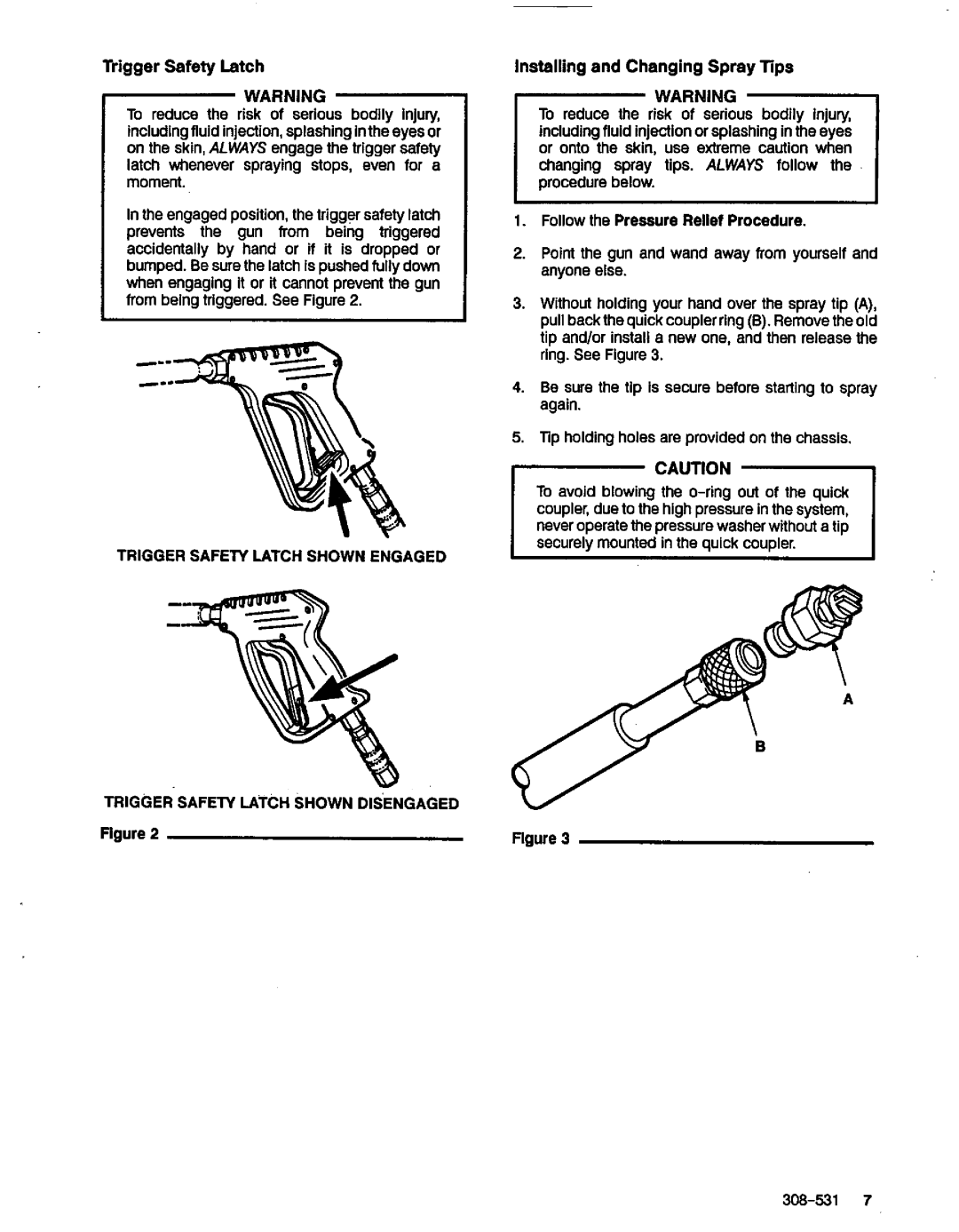 Graco Inc 2545, 800-703, 800-701, 800-702, 800-704, 3235 Installingand Changing Spray Tips, Trigger Safety Latch Shown Engaged 