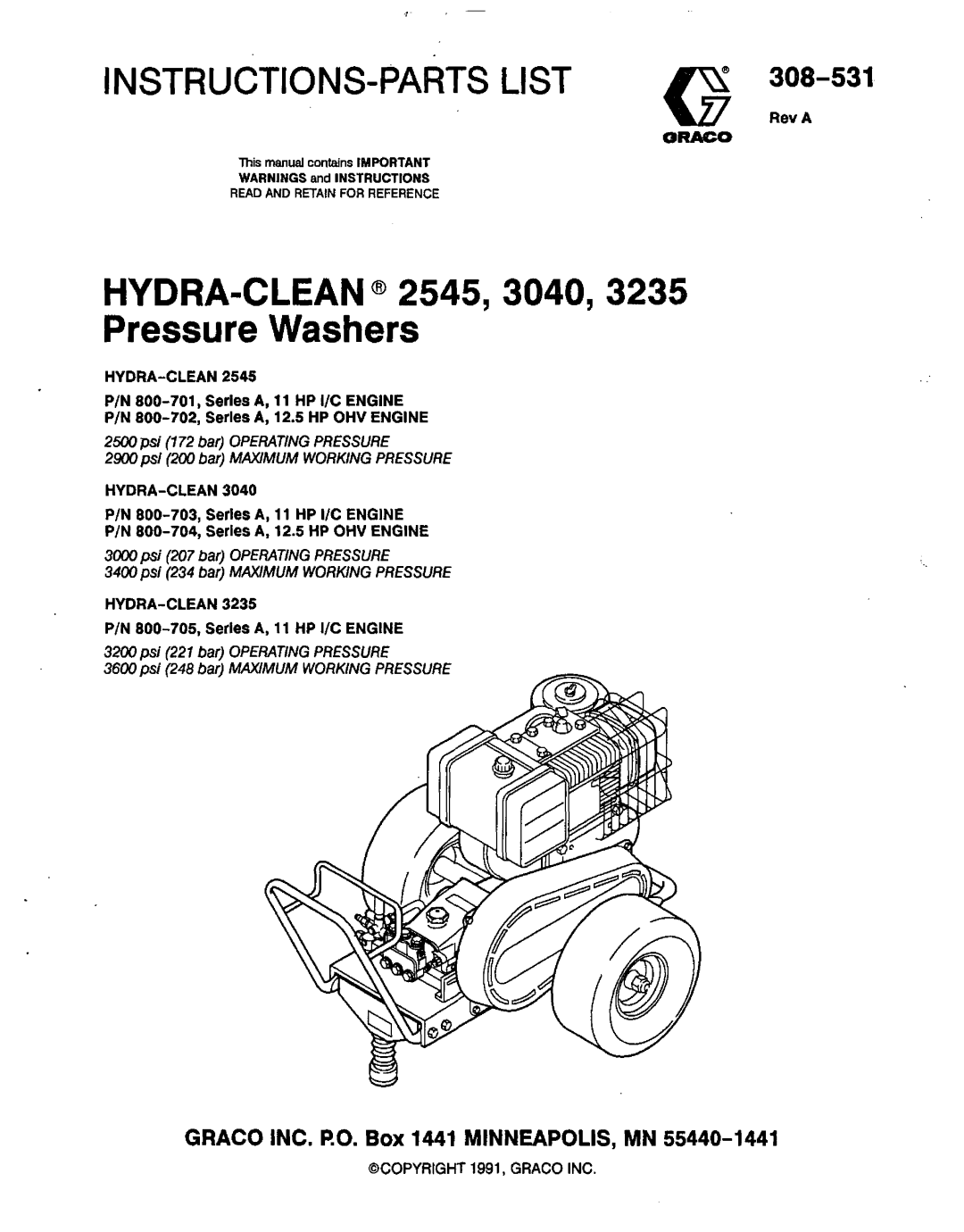 Graco Inc 800-701, 800-703, 800-702, 800-704 manual HYDRA-CLEAN@ 2545,3040,3235, Pressure Washers, Instructions-Parts List 