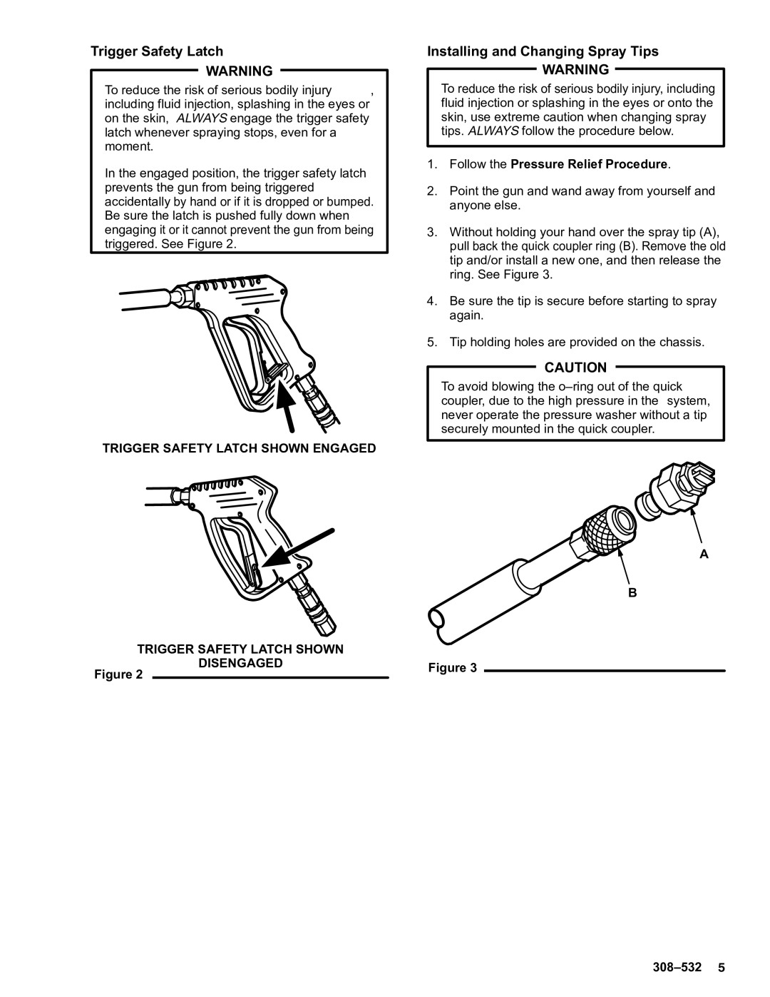 Graco Inc 800-706, 800-707 Trigger Safety Latch, Installing and Changing Spray Tips, Follow the Pressure Relief Procedure 