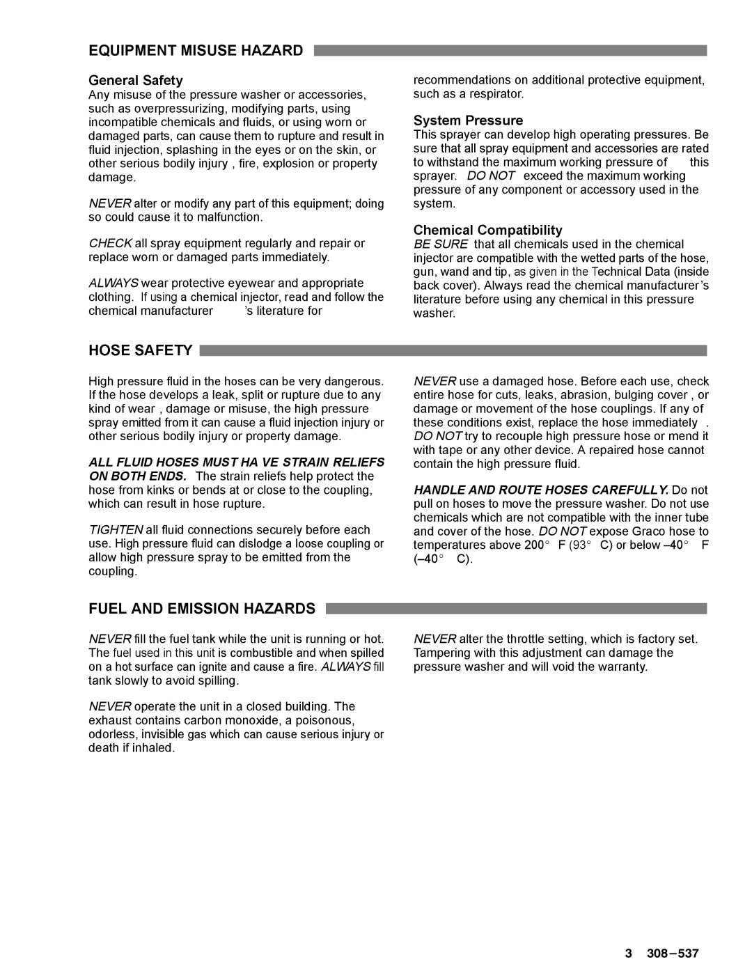 Graco Inc 308-537 Equipment Misuse Hazard, Hose Safety, Fuel and Emission Hazards, System Pressure, Chemical Compatibility 