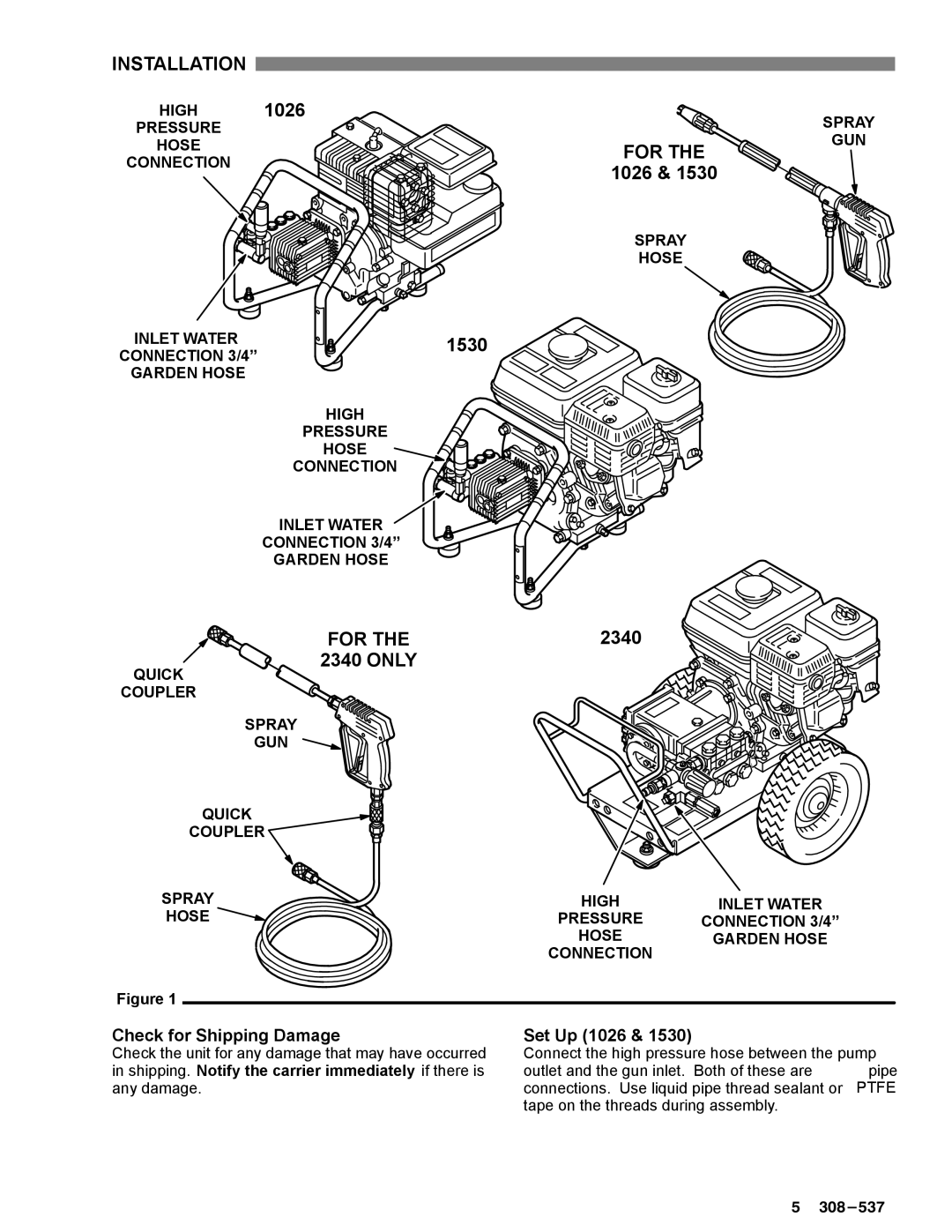 Graco Inc 1530, 800-717, 800-682, 800-654, 308-537, 2340 manual Installation, For, Only, Check for Shipping Damage, Set Up 1026 