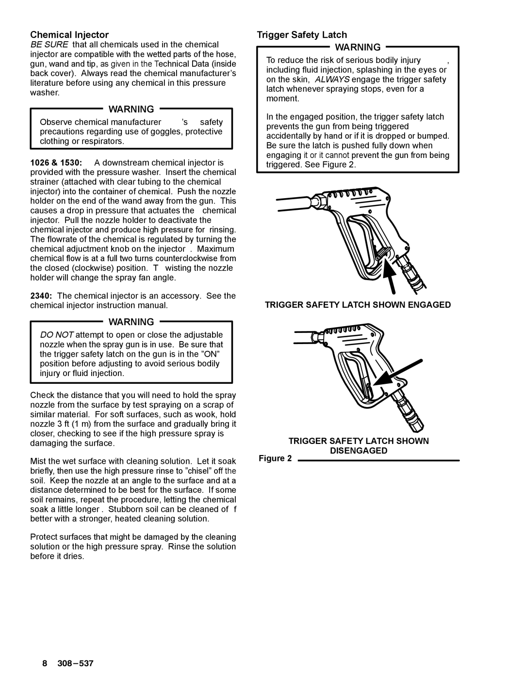 Graco Inc 800-682, 800-717, 800-654, 308-537, 2340, 1530, 1026 manual Chemical Injector, Trigger Safety Latch 