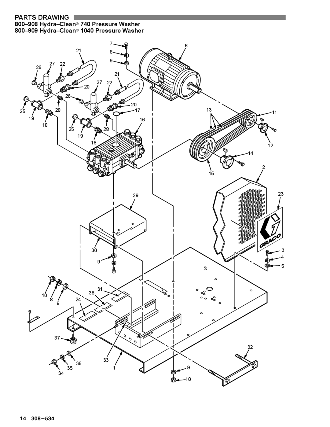 Graco Inc 308-534, 800-909, 740, 800-906, 800-907, 800-908, 735, 1035, 1040 manual Parts Drawing 