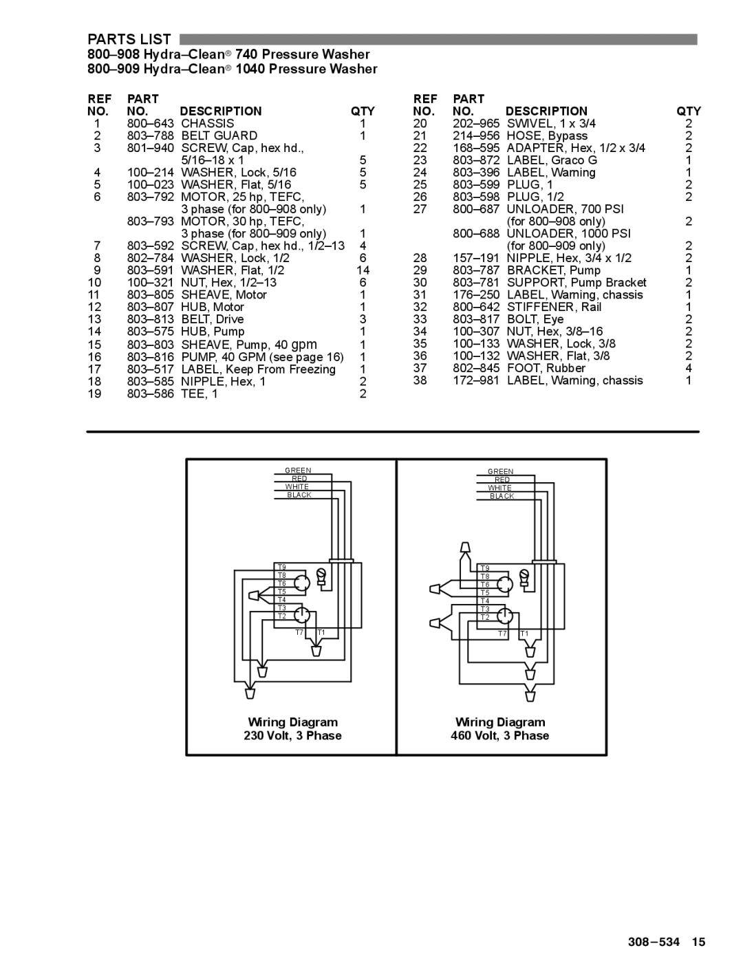 Graco Inc 735, 800-909, 740, 800-906, 800-907, 800-908, 308-534, 1035, 1040 manual Parts List 