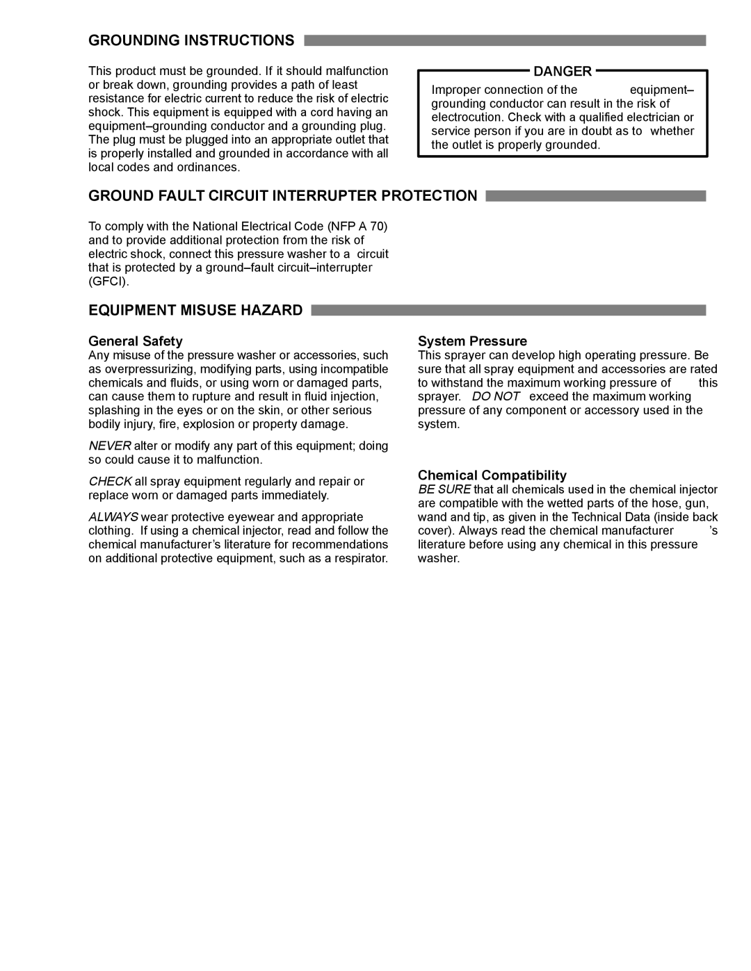 Graco Inc 800-907, 800-909 Grounding Instructions, Ground Fault Circuit Interrupter Protection, Equipment Misuse Hazard 