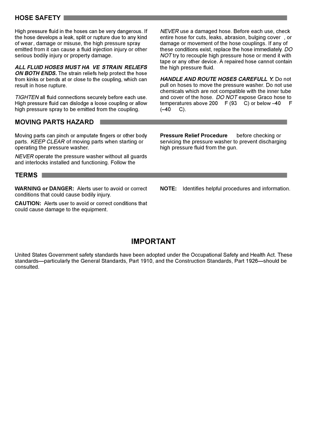 Graco Inc 800-908, 800-909, 740, 735 Hose Safety, Moving Parts Hazard, Terms, Pressure Relief Procedure before checking or 