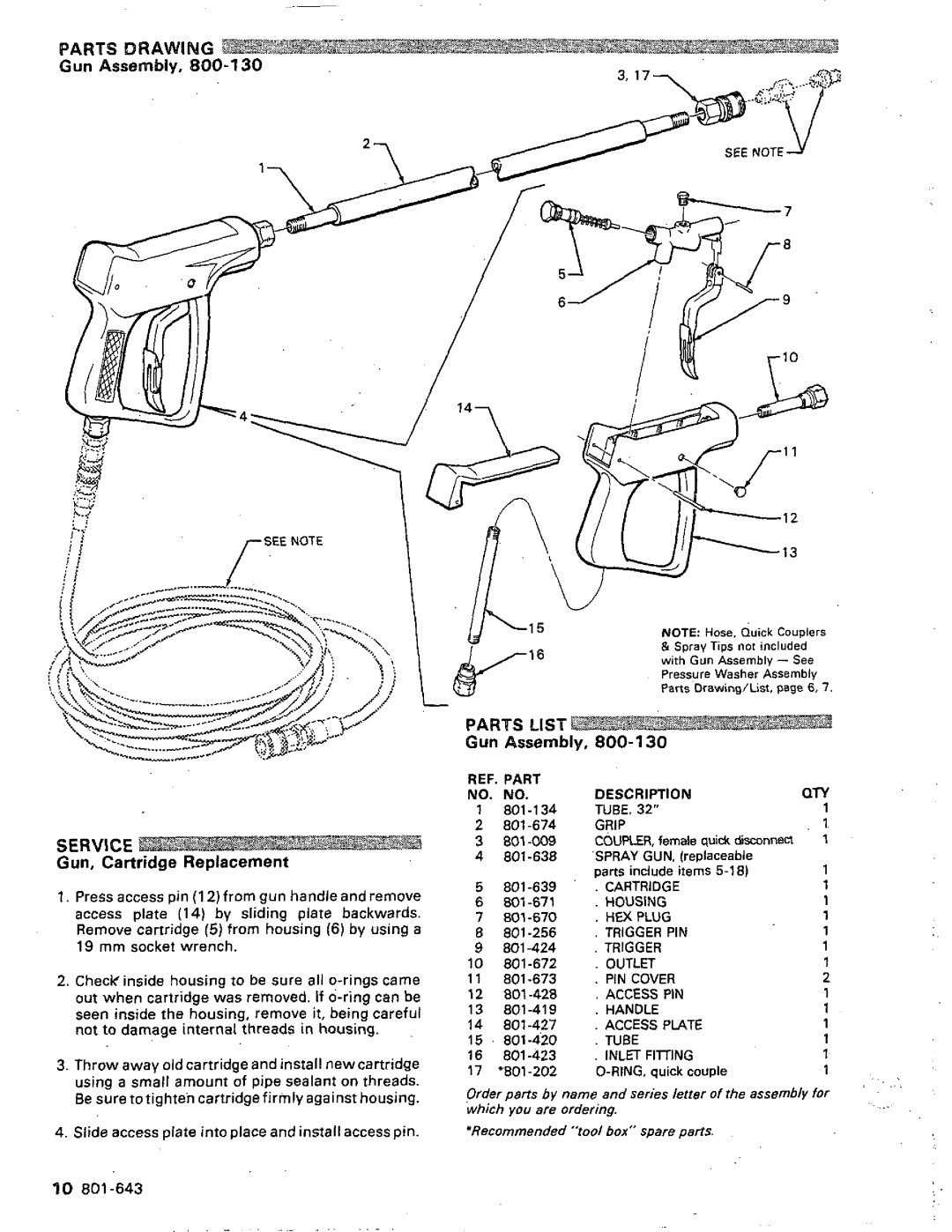 Graco Inc 801-643 manual Service, Gun Assembly, Gun,CartridgeReplacement, Hex Plug 