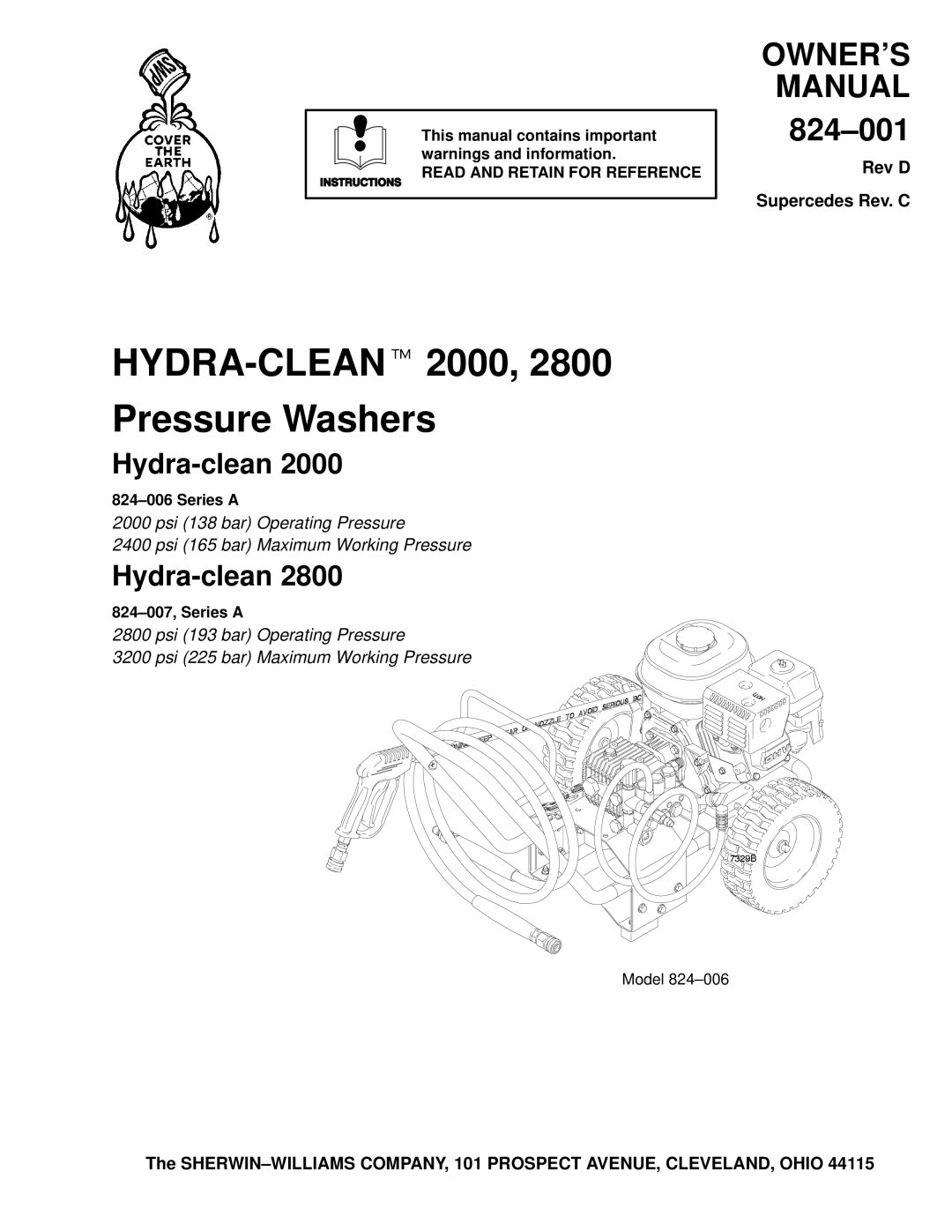 Graco Inc 824-006 owner manual HYDRA-CLEAN2000 Pressure Washers, This manual contains important warnings and information 