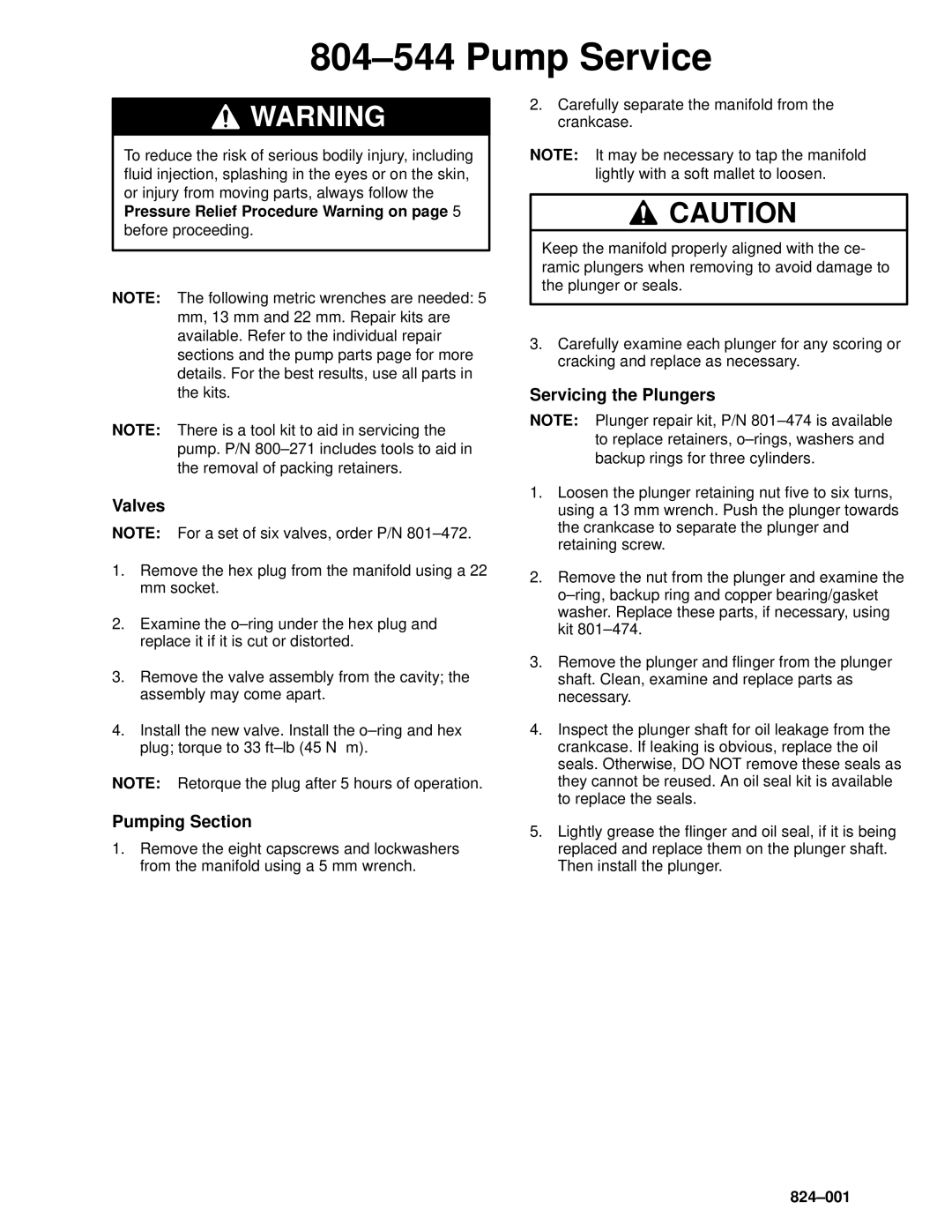 Graco Inc 2800 804±544 Pump Service, Valves, Pumping Section, Servicing the Plungers, Pressure Relief Procedure Warning on 