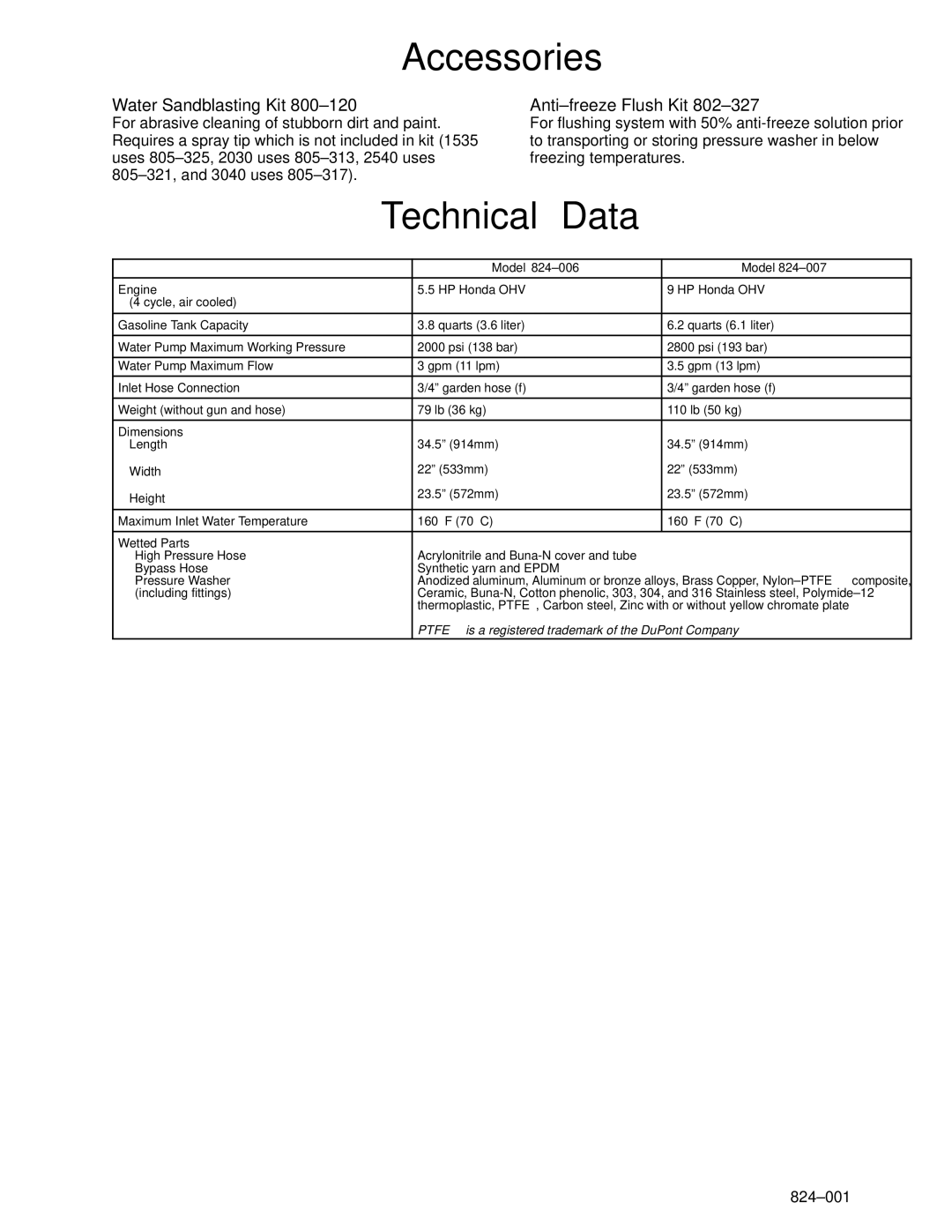 Graco Inc 2800, 824-007, 824-006 Accessories, Technical Data, Water Sandblasting Kit 800±120, Anti±freeze Flush Kit 802±327 