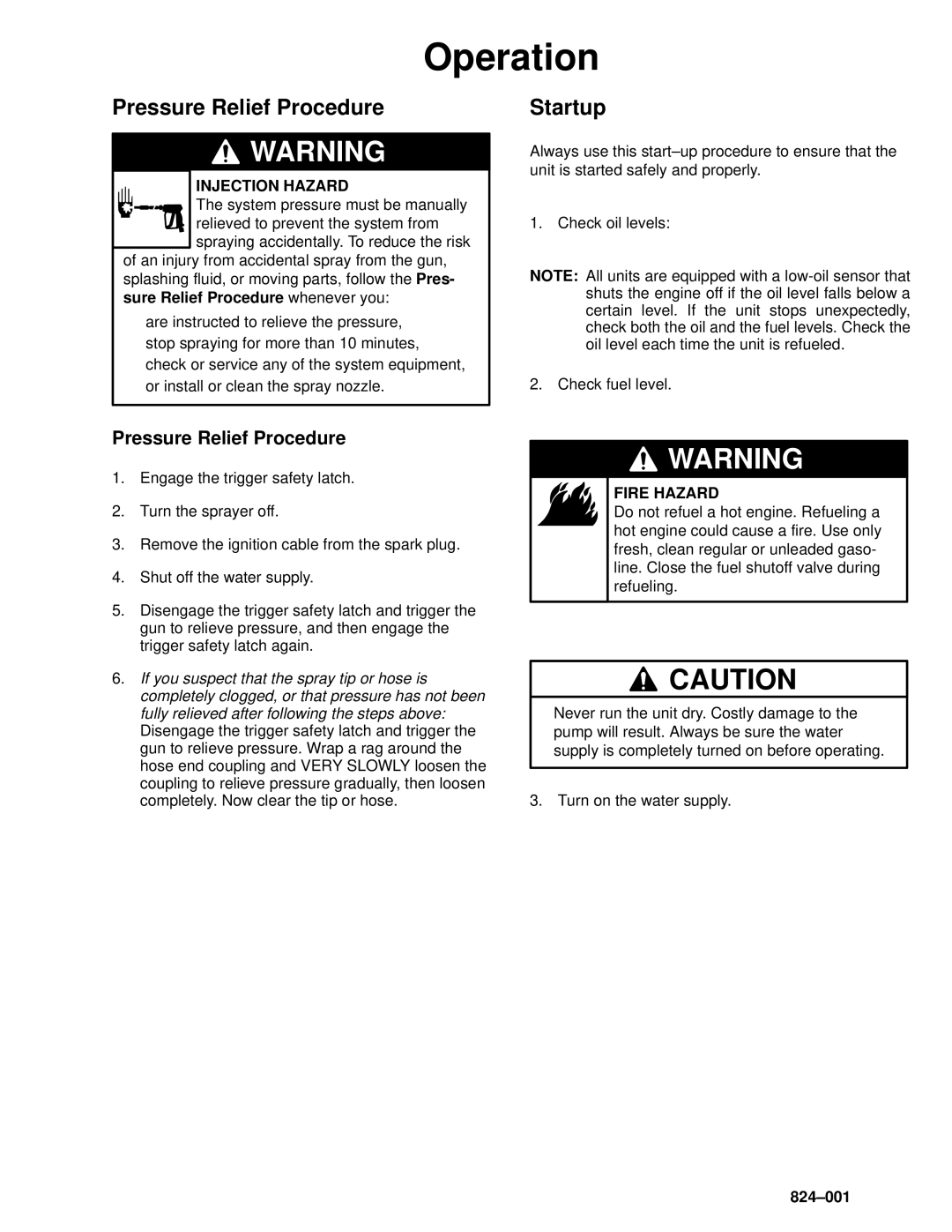 Graco Inc 824-006, 824-007, 824-001, 2800 owner manual Operation, Pressure Relief Procedure 