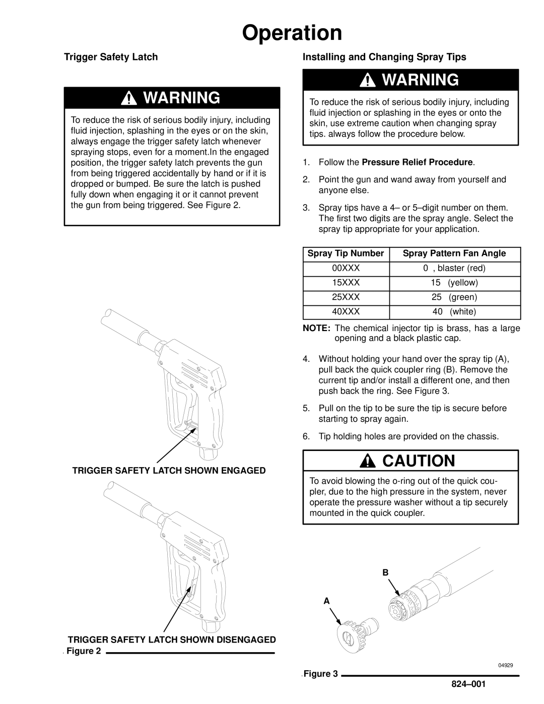 Graco Inc 2800, 824-007, 824-006 Installing and Changing Spray Tips, Trigger Safety Latch Shown Disengaged Figure 