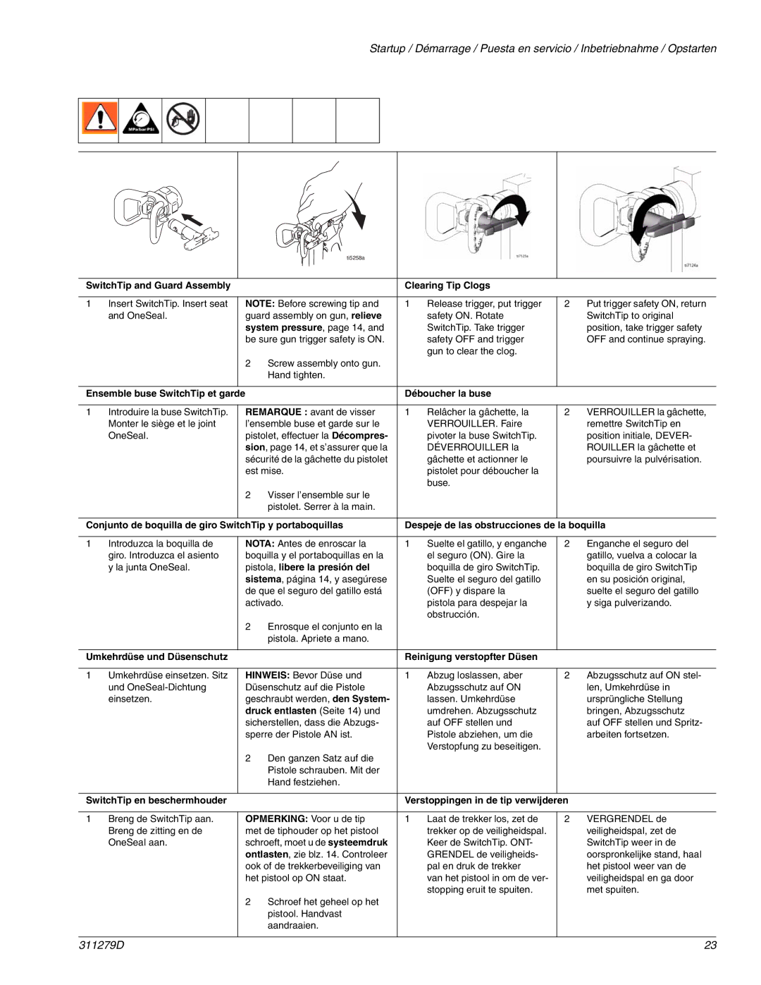 Graco Inc 311279D, 833 important safety instructions SwitchTip and Guard Assembly Clearing Tip Clogs 