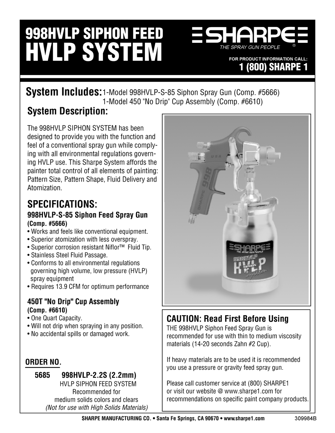 Graco Inc 975HVLP, 998HVLP-S-85, 998HVLP-SF-PL, 309984B specifications Order no, Comp. #5666, Comp. #6610 