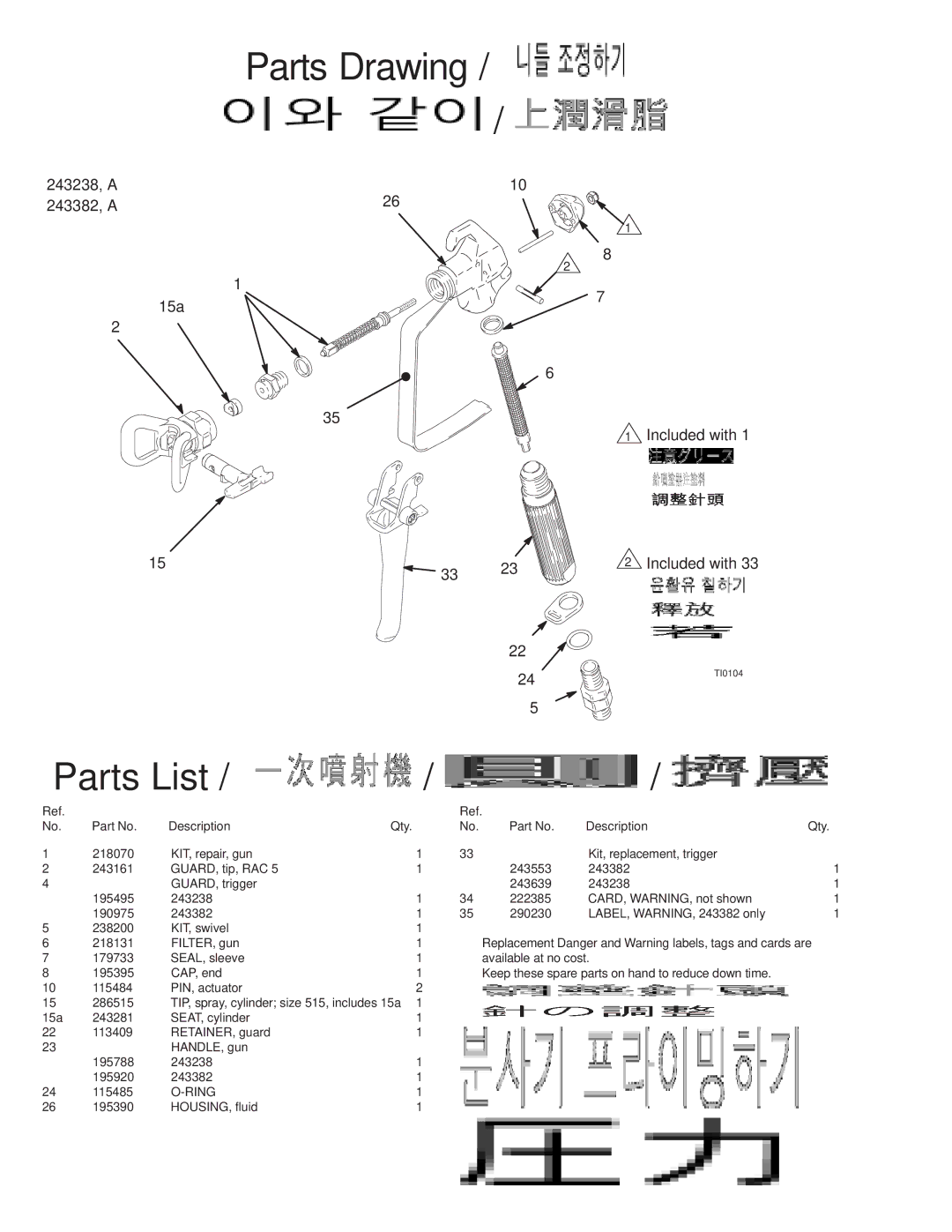 Graco Inc 3Z9097, 243382, 243238, SG3-A, SG3-E manual Parts Drawing, Parts List 