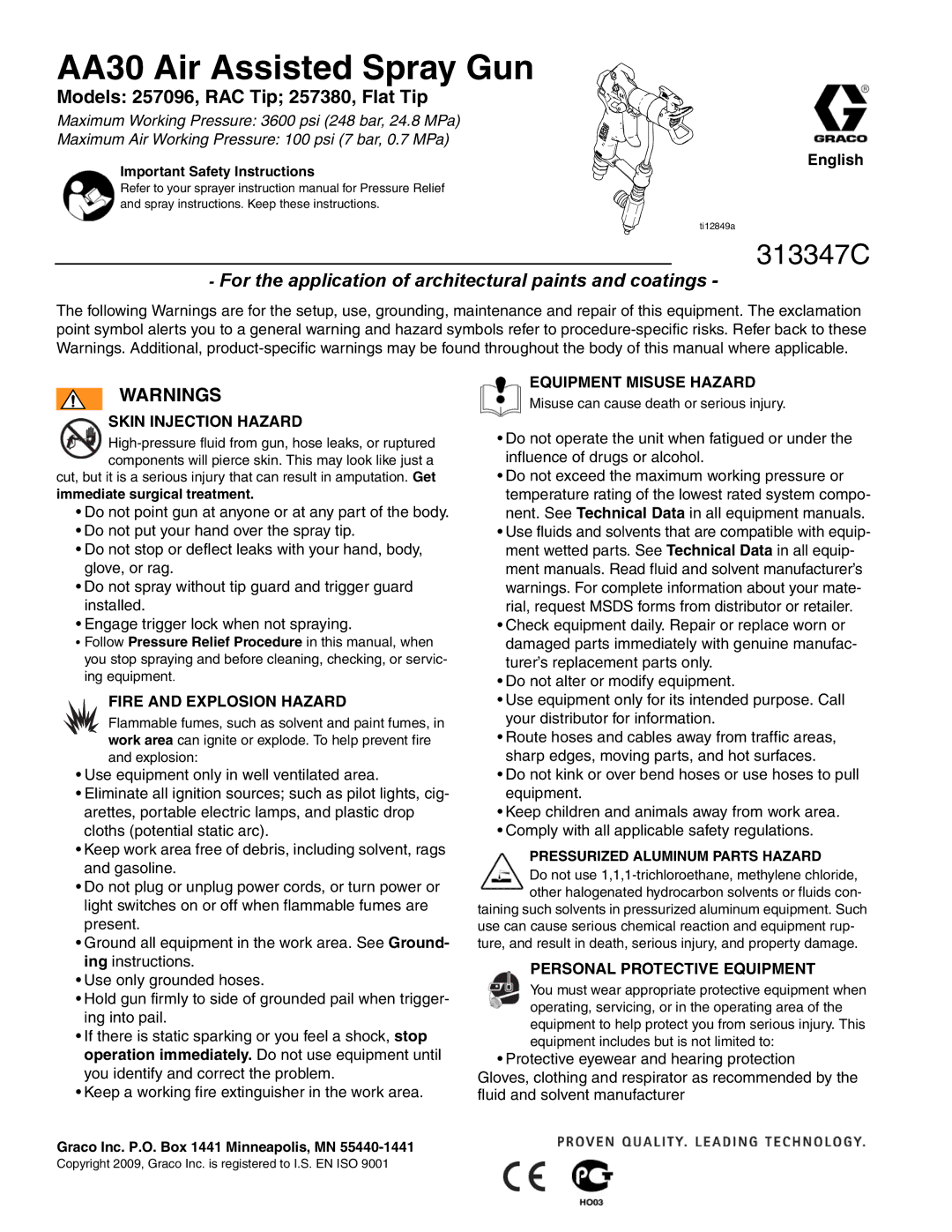 Graco Inc 313347C important safety instructions AA30 Air Assisted Spray Gun, Models 257096, RAC Tip 257380, Flat Tip 