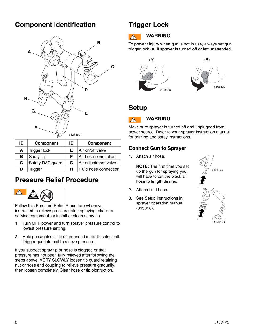 Graco Inc 257096, AA30 Component Identification, Pressure Relief Procedure, Trigger Lock, Setup, Connect Gun to Sprayer 