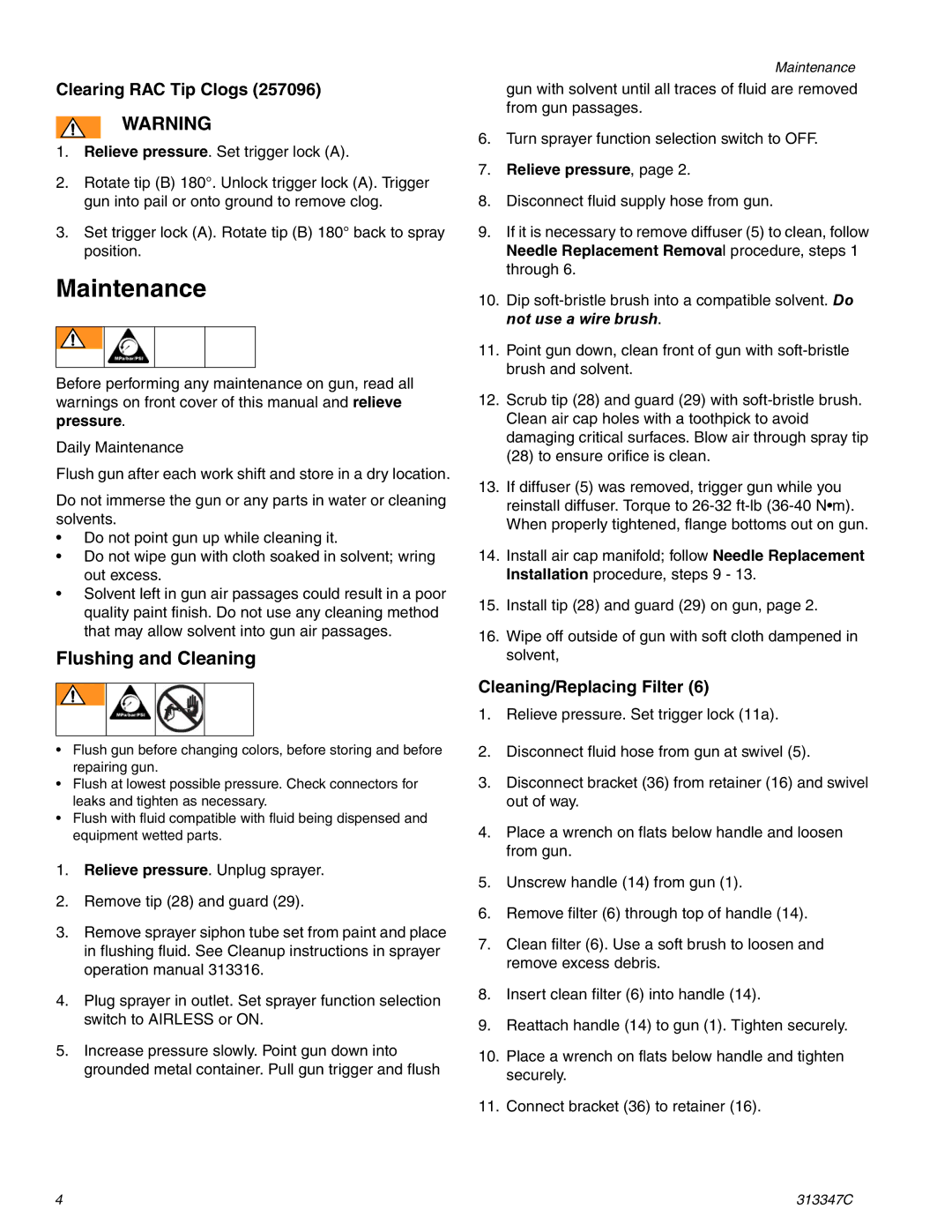 Graco Inc AA30, 313347C, 257096, 257380 important safety instructions Maintenance, Flushing and Cleaning 