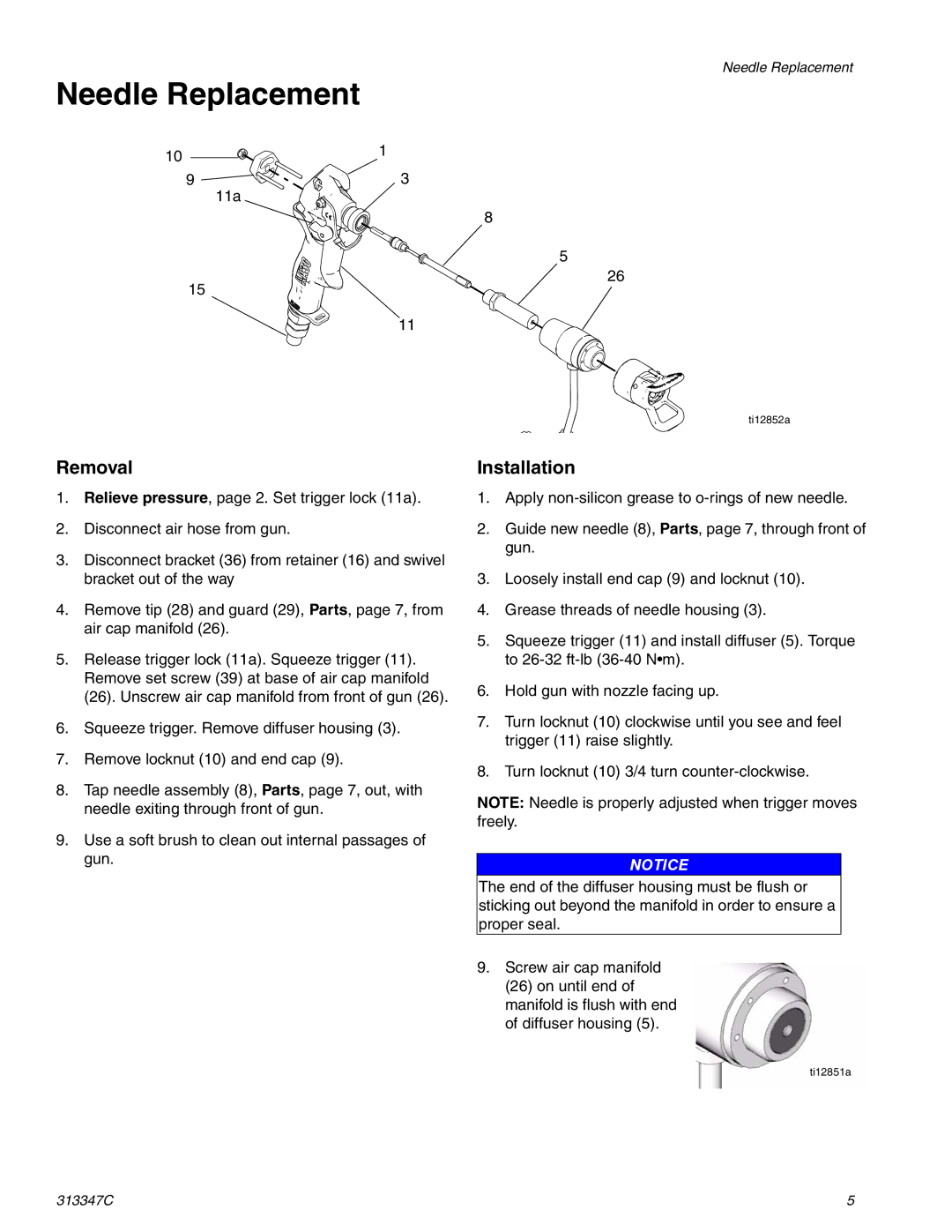 Graco Inc 313347C, AA30, 257096, 257380 important safety instructions Needle Replacement, Removal, Installation 