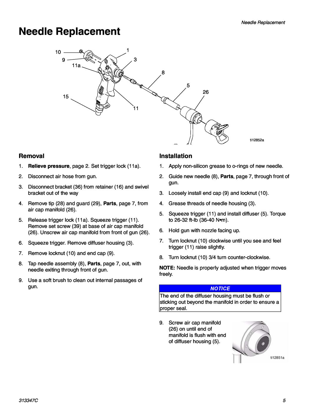 Graco Inc 313347C, AA30, 257096, 257380 important safety instructions Needle Replacement, Removal, Installation 