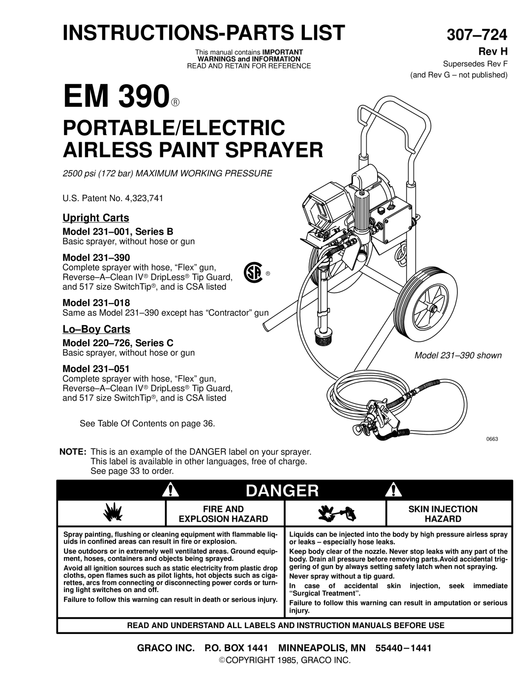 Graco Inc EM390 instruction manual Model 231±001, Series B, Model 231±390, Model 231±018, Model 220±726, Series C 