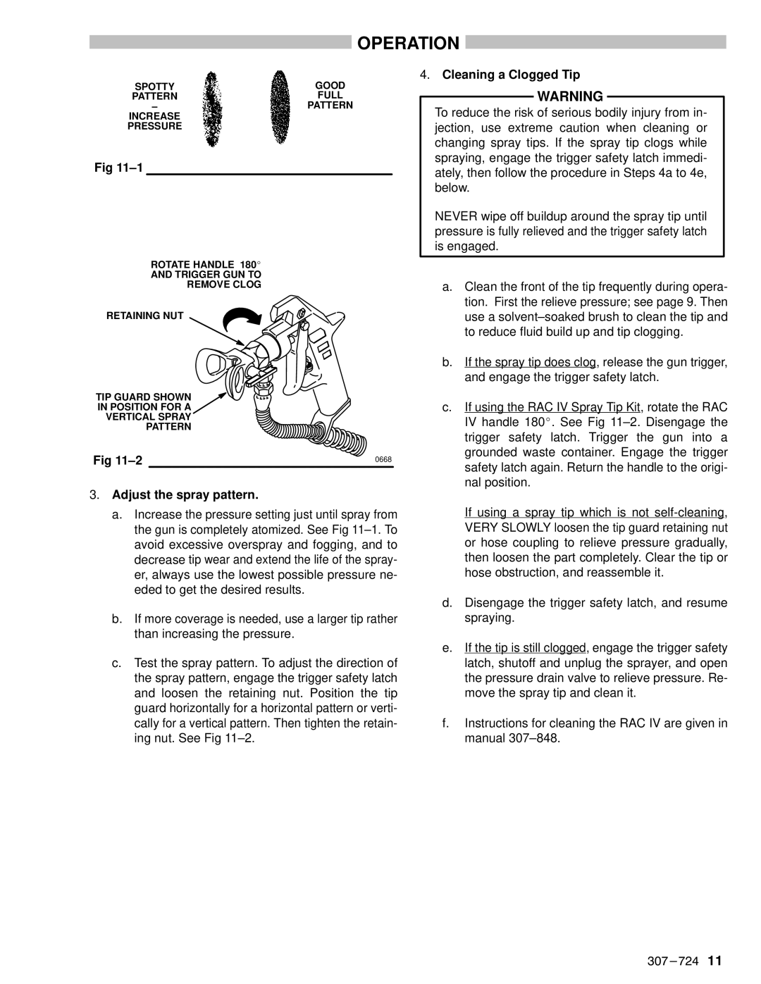 Graco Inc EM390 instruction manual Adjust the spray pattern, Cleaning a Clogged Tip 