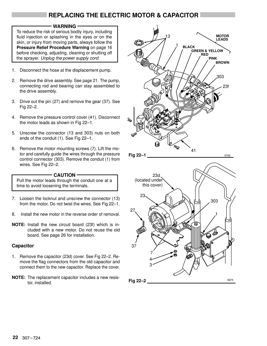 Graco Inc EM390 instruction manual Replacing the Electric Motor & Capacitor, 303, 23f 