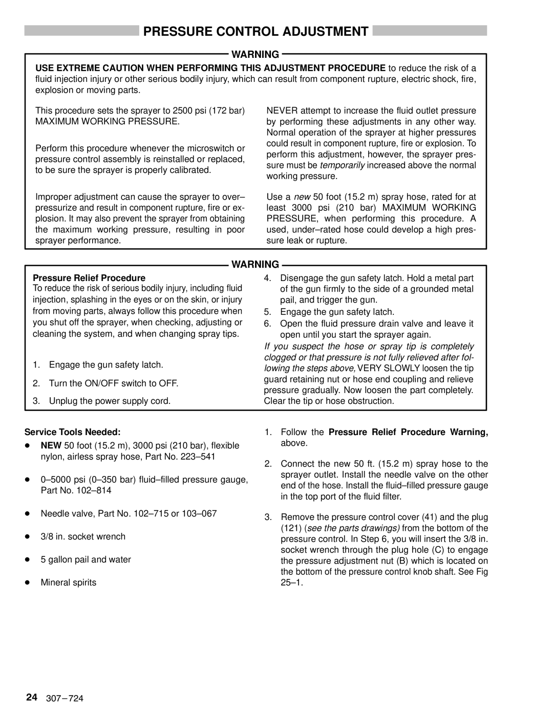 Graco Inc EM390 Pressure Control Adjustment, Service Tools Needed, Follow the Pressure Relief Procedure Warning, above 