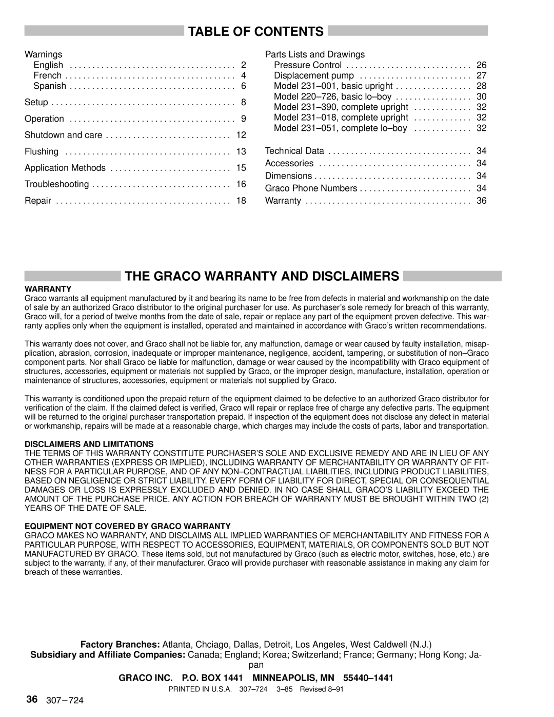 Graco Inc EM390 instruction manual Table of Contents, Graco Warranty and Disclaimers 