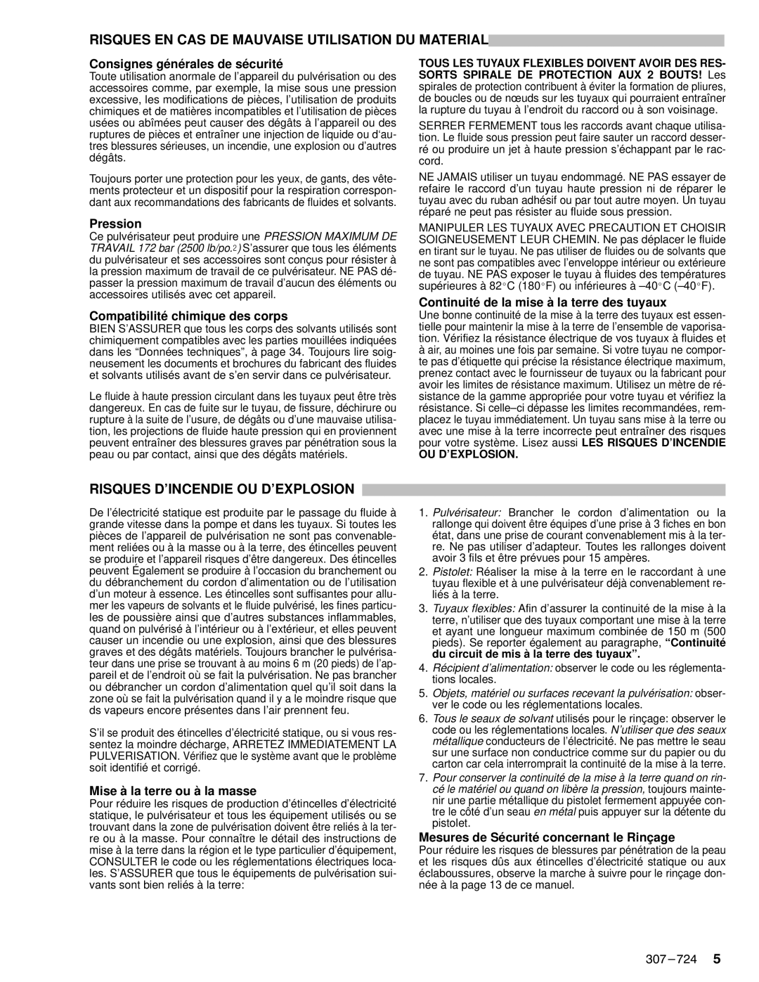 Graco Inc EM390 instruction manual Pression, Compatibilité chimique des corps, Mise à la terre ou à la masse 