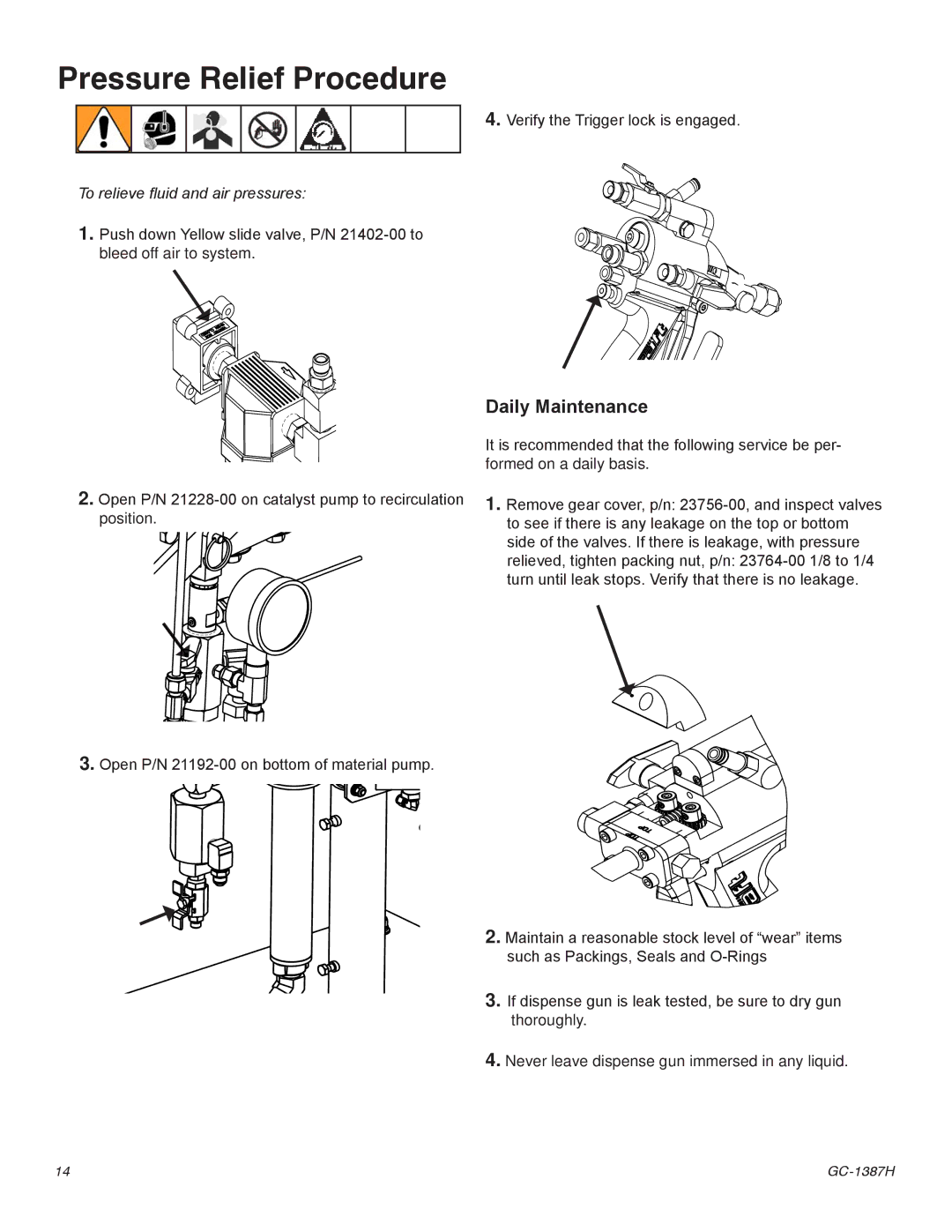 Graco Inc GC-1387J important safety instructions Pressure Relief Procedure, Daily Maintenance 