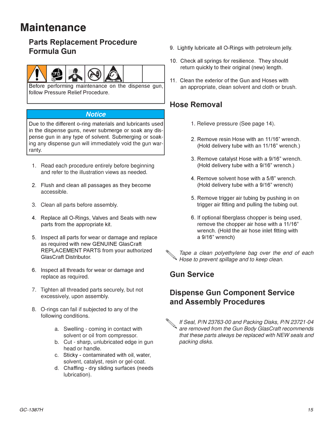 Graco Inc GC-1387J important safety instructions Maintenance, Parts Replacement Procedure Formula Gun 