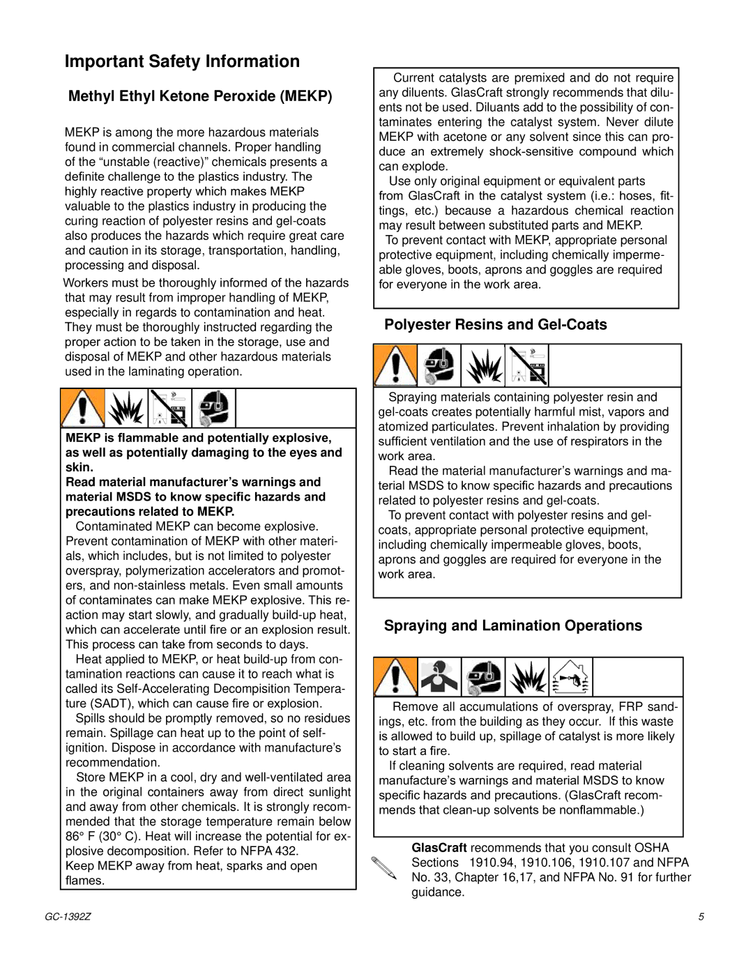 Graco Inc GC-1392 Z Important Safety Information, Methyl Ethyl Ketone Peroxide Mekp, Polyester Resins and Gel-Coats 