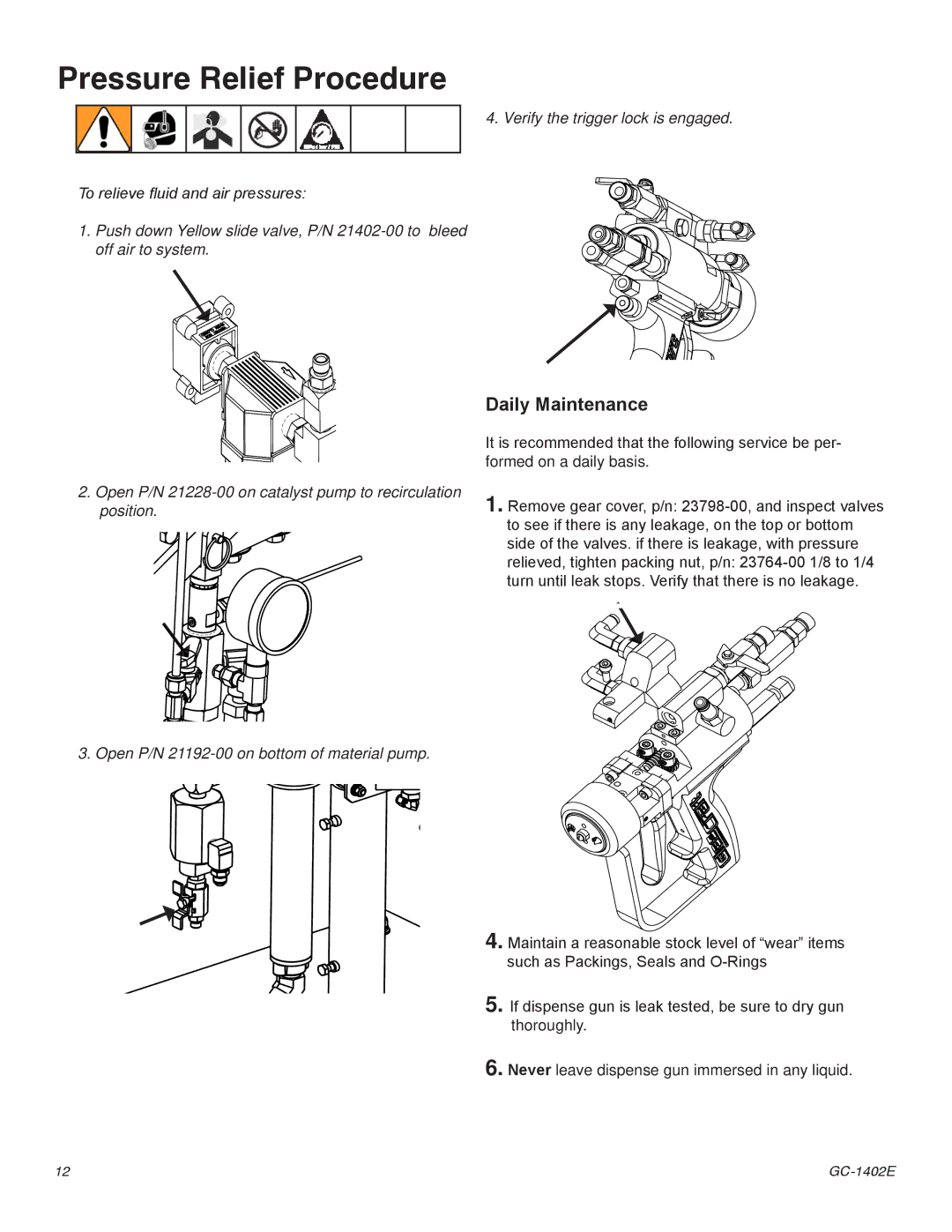 Graco Inc GC-1402E, GC-1402F important safety instructions Pressure Relief Procedure, Daily Maintenance 