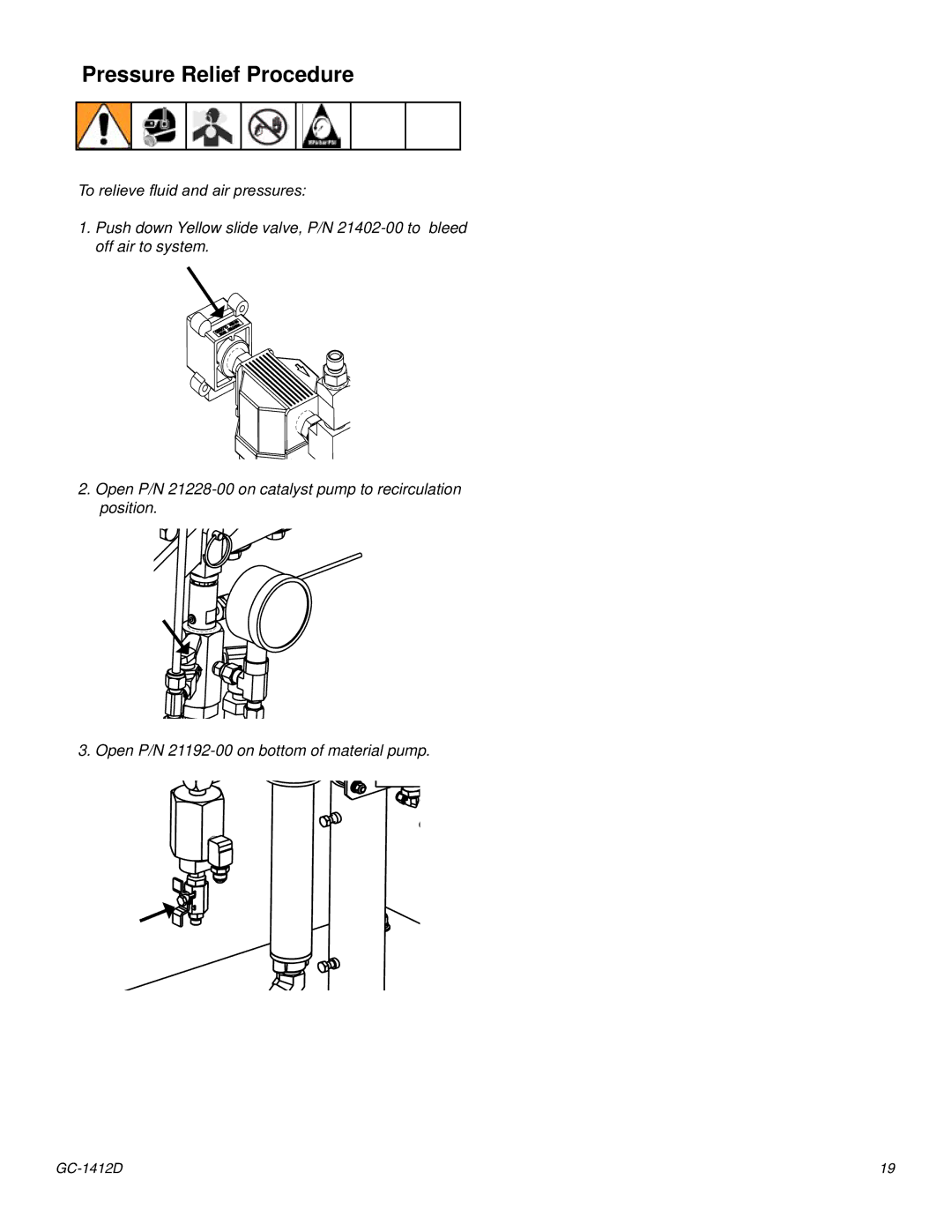 Graco Inc GC-1412 important safety instructions Pressure Relief Procedure, 7RUHOLHYHÀXLGDQGDLUSUHVVXUHV 