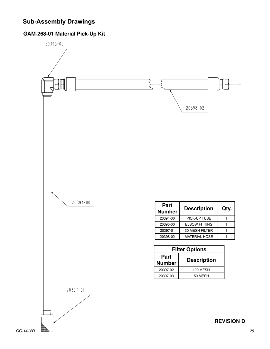 Graco Inc GC-1412 GAM-268-01 Material Pick-Up Kit Part Description Qty, Filter Options Part Description 