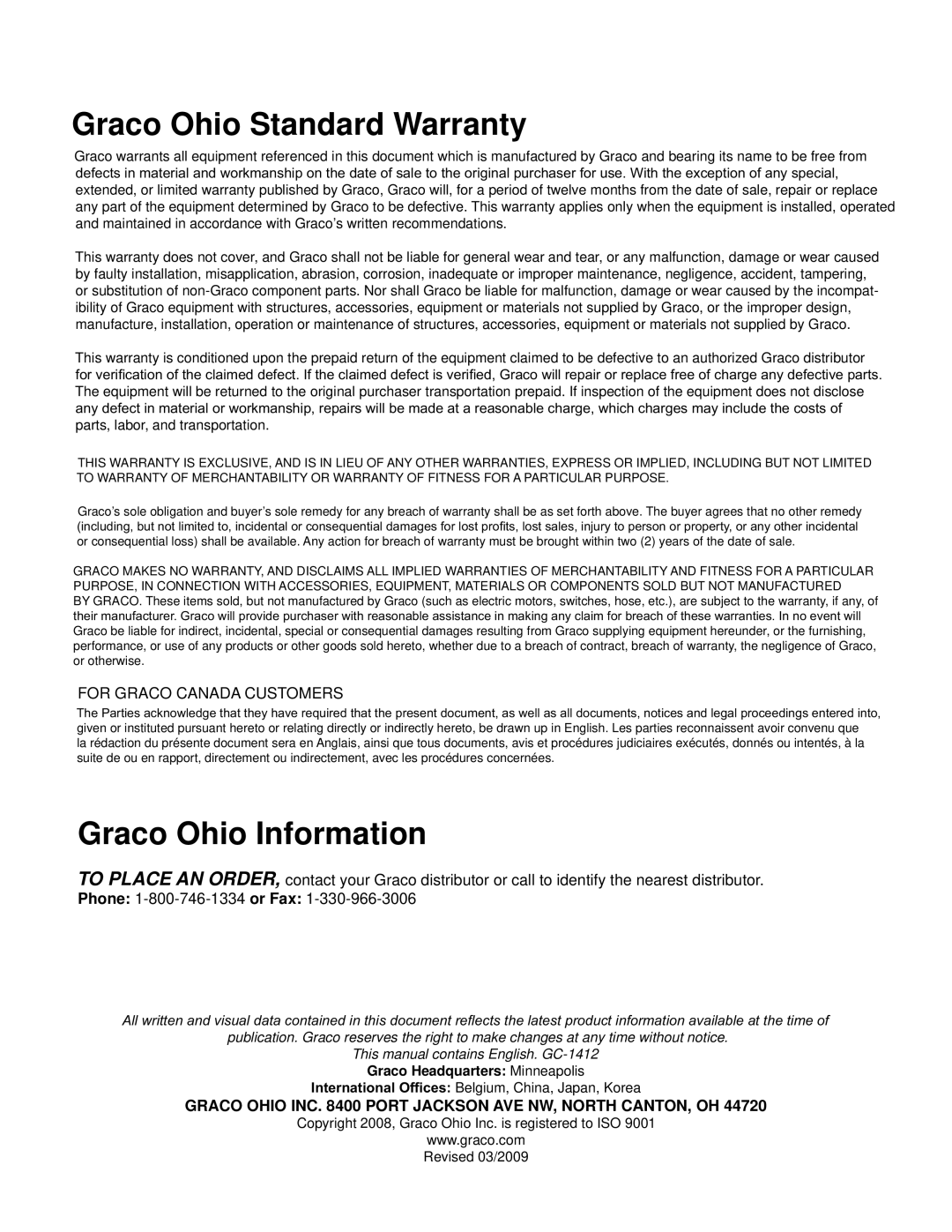 Graco Inc GC-1412 important safety instructions Graco Ohio Standard Warranty, For Graco Canada Customers 