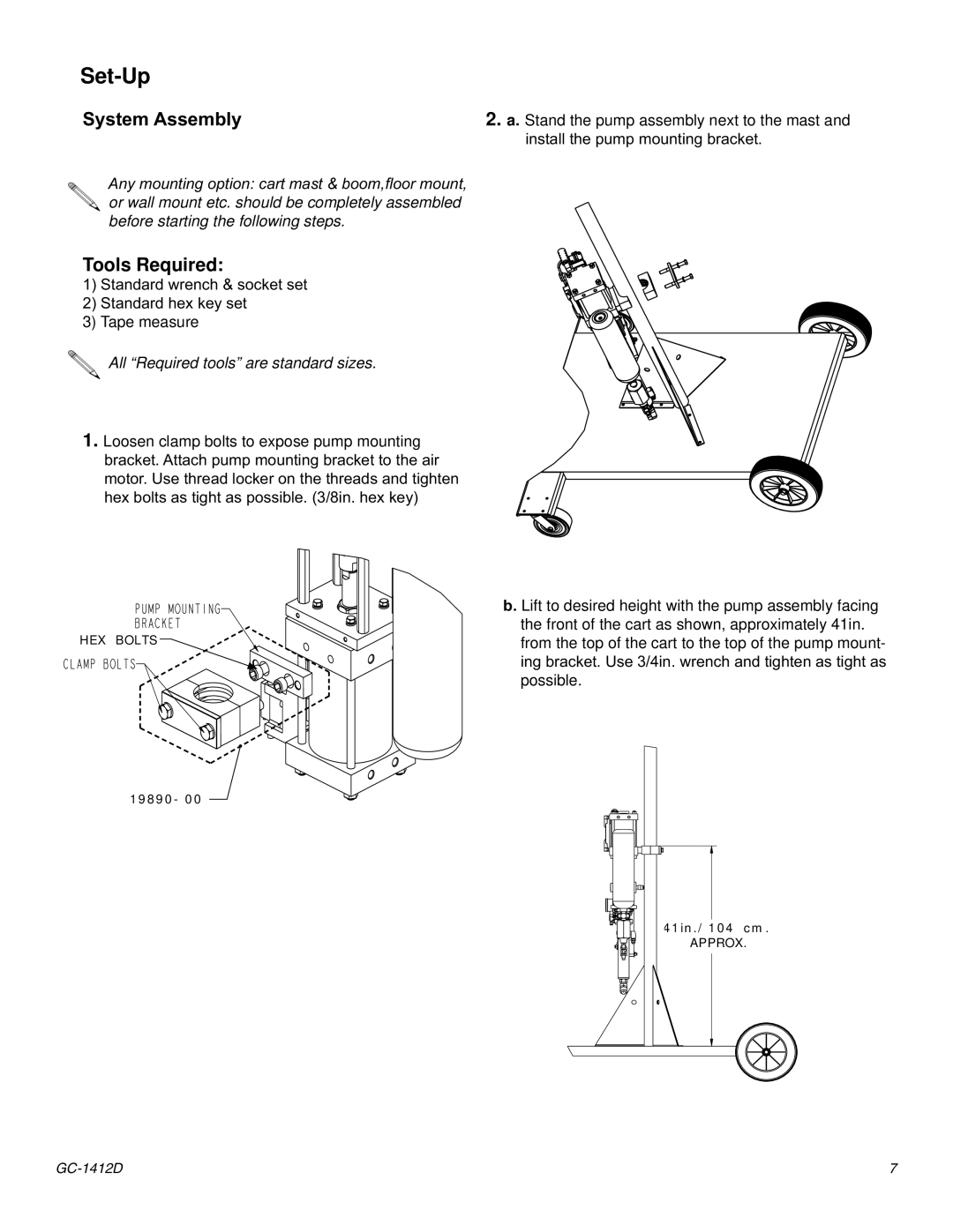 Graco Inc GC-1412 Set-Up, Tools Required, 6WDQGDUGZUHQFK VRFNHWVHW, Loosen clamp bolts to expose pump mounting 